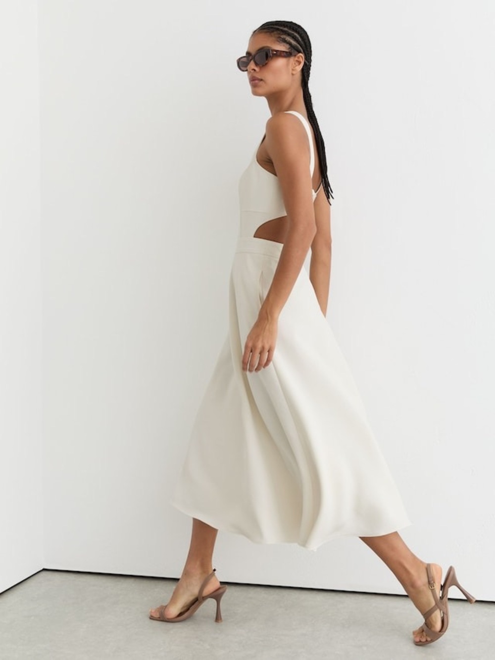 Reiss Ivory Dina Waisted Cut-Out Twill Midi Dress